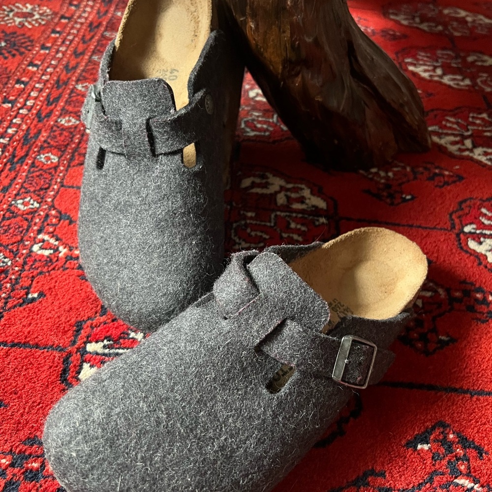 Birkenstock Boston Gray Wool Clogs with Buckle